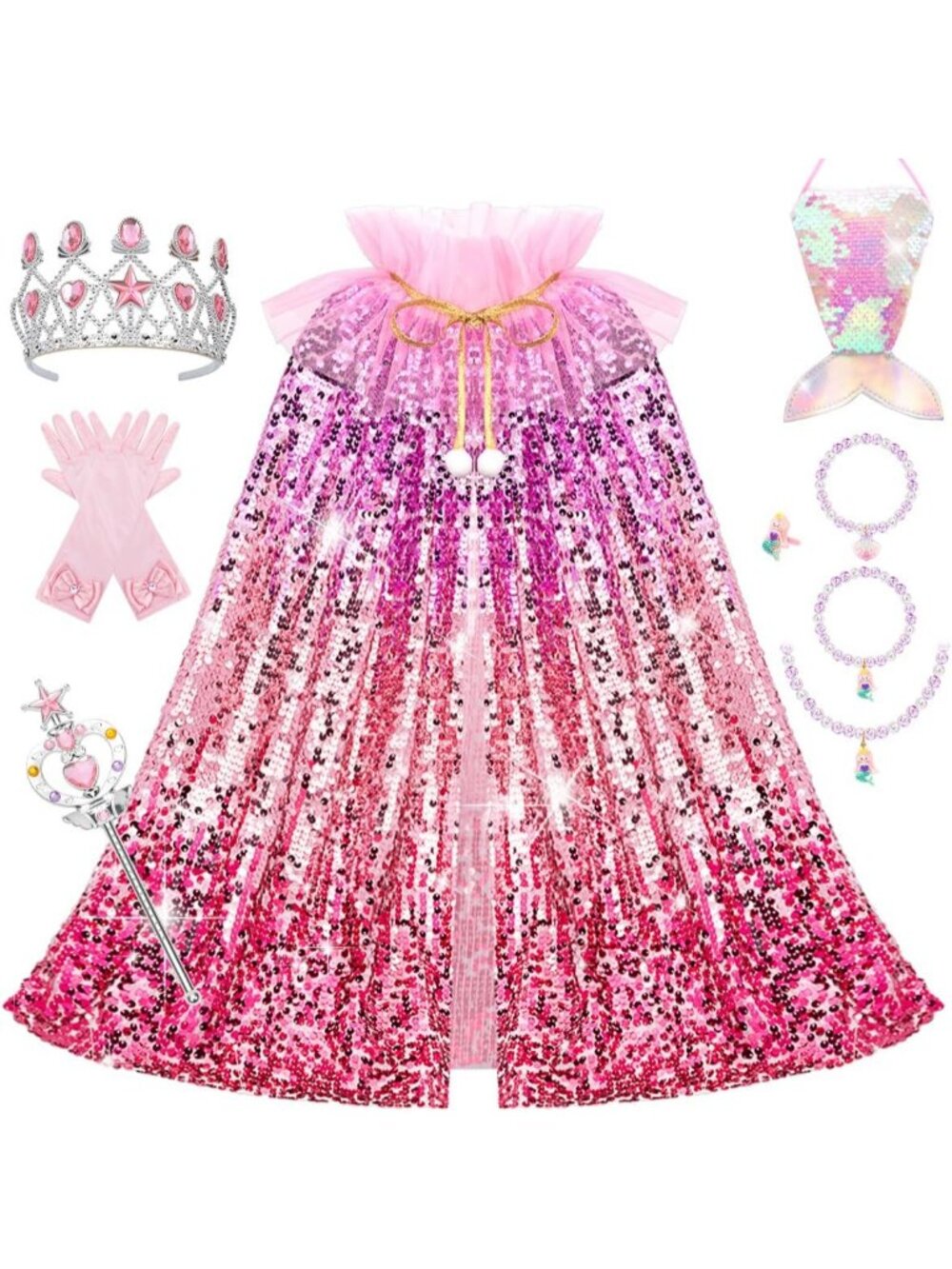 Mermaid Princess Dress Up Cape with Crown Costume Set for Girls Ages 3-8- Red